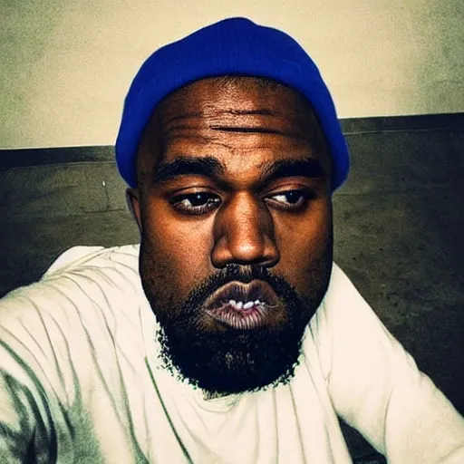 Image similar to this homeless man looks like kanye west if he was poor asf, accidentally taking a selfie, front camera, camera flash is so bright in his face, viral, selfie, viral on twitter, viral on instagram, viral photo