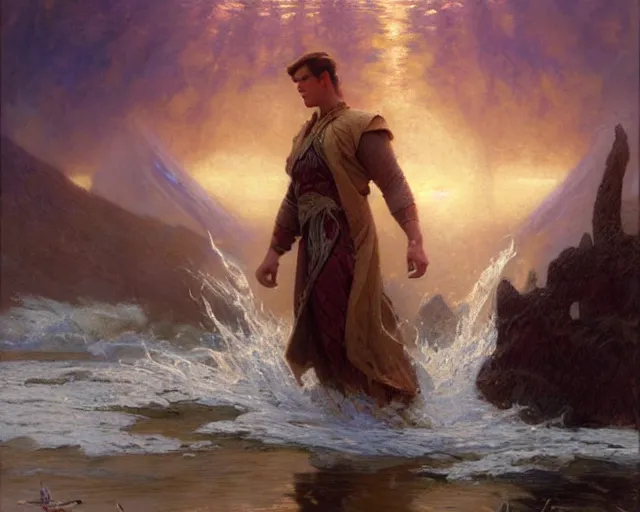 Image similar to attractive male wizard casting powerful giant tsunami spell in a beautiful lake. highly detailed painting by gaston bussiere, craig mullins, j. c. leyendecker 8 k