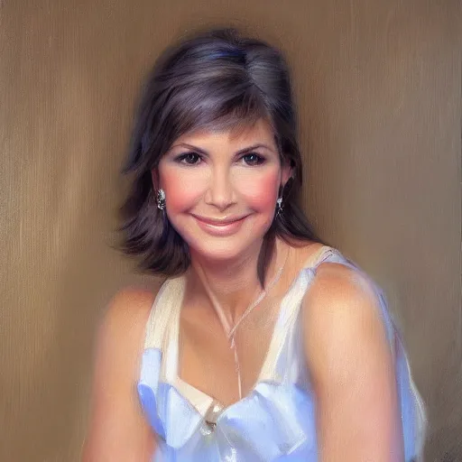 Prompt: closeup portrait of olivia newton john at age 3 0 years, evening, highly detailed and realistic oil painting, vladimir volegov, artstation