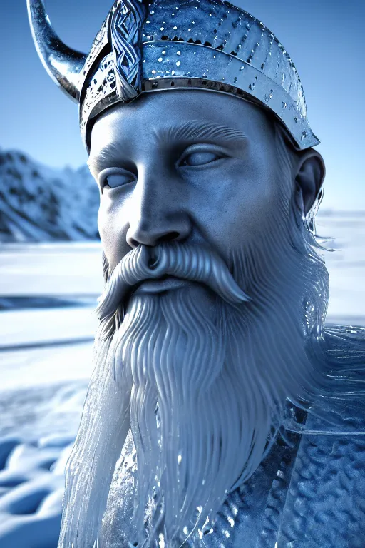 Image similar to photography of a hyper realistic clear ice statue of un unknow viking warrior god. stuning, intricate, complexe. snowy mountains dream landscape. professional digital art, unreal engine 5