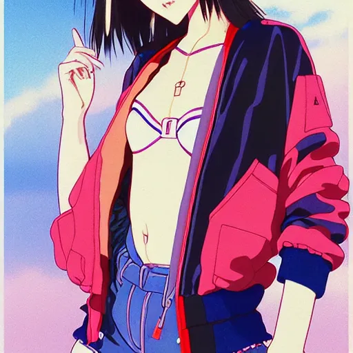 Image similar to a beautiful japanese natalie portman gravure model, wearing oversized native designer bomber jacket and leotard with overalls, bulky poofy bomber jacket with mesoamerican patterns, mesoamerican native street fashion, gapmoe yandere grimdark, trending on pixiv fanbox, painted by greg rutkowski makoto shinkai takashi takeuchi studio ghibli, akihiko yoshida