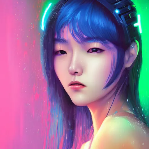 Prompt: a digital painting of jang yoon - ju in the rain with blue hair, cute - fine - face, pretty face, cyberpunk art by sim sa - jeong, cgsociety, synchromism, detailed painting, glowing neon, digital illustration, perfect face, extremely fine details, realistic shaded lighting, dynamic colorful background