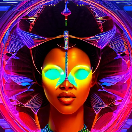 Image similar to african neon egyptian goddess, science fiction, highly detailed, digital painting, beautiful eyes, symmetry, concept art, sharp focus, volumetric lighting, illustration, global illumination, radiant light, synthwave colors, detailed and intricate environment, art by artgerm and greg rutkowski and magali villeneuve and ilya kuvshinov!