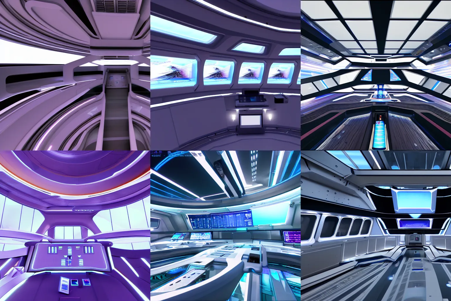 Prompt: Interior shot of the bridge of a futuristic spaceship. Several displays showing technical readouts are visible. Vaporwave, 4k, photorealistic, Unreal Engine 4.
