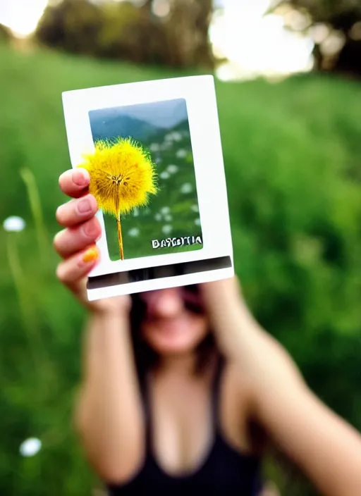 Image similar to instax mini portrait of a woman holding a dandelion in the berkeley hills