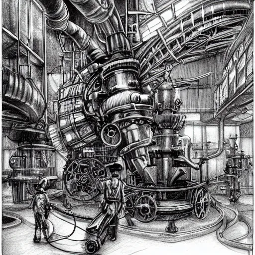 Prompt: detailed pencil sketchs of workers working on a gigantic steampunk machine that creates robot elephants, art station