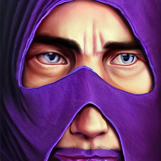 Image similar to ultra realistic illustration, man in a black hood, in a striped purple balaclava, mysterious, highly detailed, digital painting, artstation, concept art, smooth, sharp focus, illustration