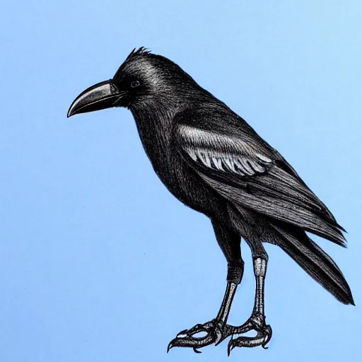 Prompt: detailed drawing of a crow on a blue gradient background, depressive, sad, beautiful