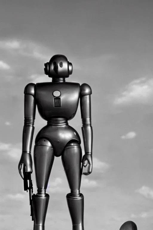 Image similar to the day the earth stood still 1 9 5 1 silver gort robot holding a black rifle gun, art work, uhd, sharp, detailed, cinematic 4 k