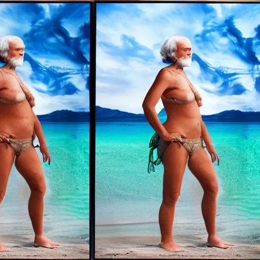 Image similar to charles darwin in a women's bikini realistic 8 k hdr photograph