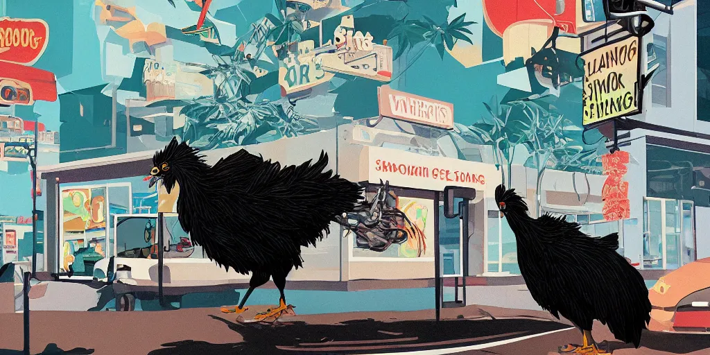 Prompt: 'black chicken!!!' smoking 'cannabis'!!!!!! in front of multi monitors broadcasting studio, artwork by James Gilleard