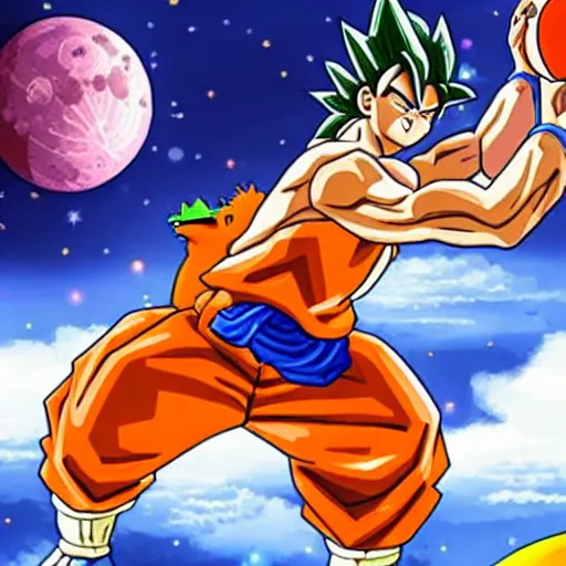 Image similar to son goku having a basketball match with a t - rex on the moon