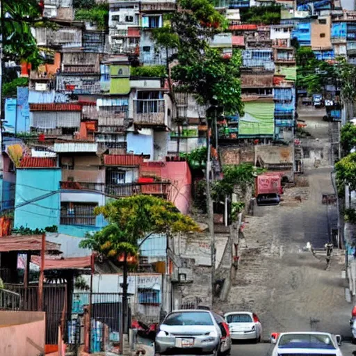 Image similar to a urbanized favela, nice street, trees on the sidewalks, no wires over the city, nice cars in the street, joyful people