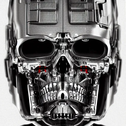 Image similar to super detailed portrait of a terminator's head, packed with cybernetics and and borg enhancements