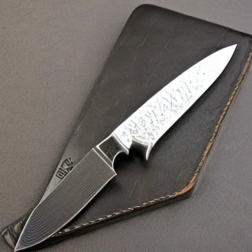 Image similar to mosaic damascus bowie knife detailed blackwood handle wide angle photograph