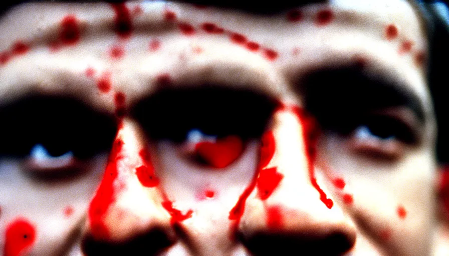 Image similar to 1 9 6 0 s movie still close - up of marcus atilius regulus'face with blood in the eyes down the eyes, cinestill 8 0 0 t 3 5 mm, high quality, heavy grain, high detail, texture, dramatic light