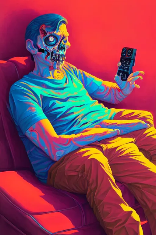 Image similar to a zombie dad sitting on the couch and watching tv, tristan eaton, victo ngai, artgerm, rhads, ross draws