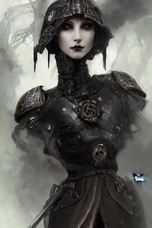 Prompt: beautiful and gothic and evil and luxury and dieselpunk young medieval female knight portrait +smoky eyes+front face with light flowing hair, ultradetail face, art and illustration by tian zi and craig mullins and WLOP and alphonse mucha, fantasy, intricate complexity, human structure, human anatomy, fantasy character concept, watermark, blurry, hyperrealism 8k