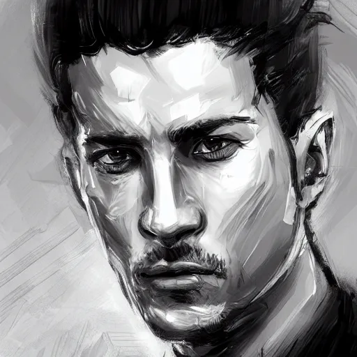 Image similar to Portrait of a man by Greg Rutkowski, he is about 30 years old, black quiff hair, his features are a mix between French, Turkish and Russian, strong, older brother vibes, he is wearing a futuristic police gear, highly detailed portrait, digital painting, artstation, concept art, smooth, sharp foccus ilustration, Artstation HQ.