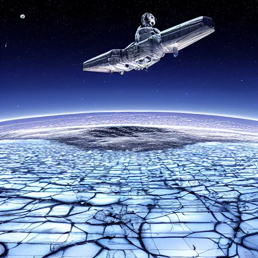 Prompt: very detailed photoillustration of a science fiction spaceship landing on an ice-covered planet, night, space, stars, Milky way