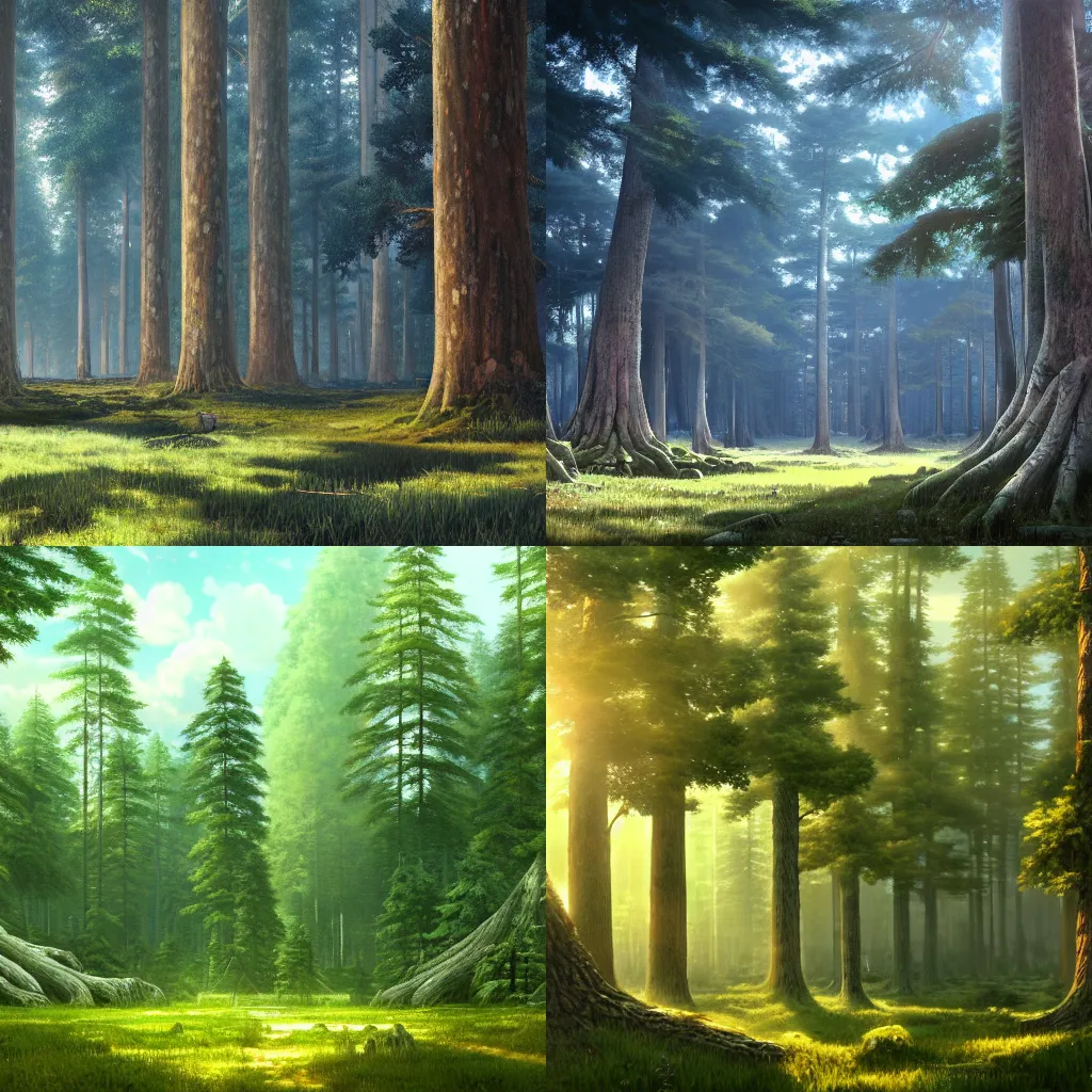 Prompt: Forest of endless trees with ancient ruins, photorealistic digital art by Makoto Shinkai and Ivan Shishkin, oil on canvas, pixiv wallpaper