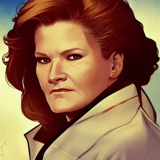 Image similar to captain janeway from star trek voyager, a still from star trek voyager painted by artgerm and greg rutkowski and alphonse mucha. clear highly detailed face, beautiful sci fi art