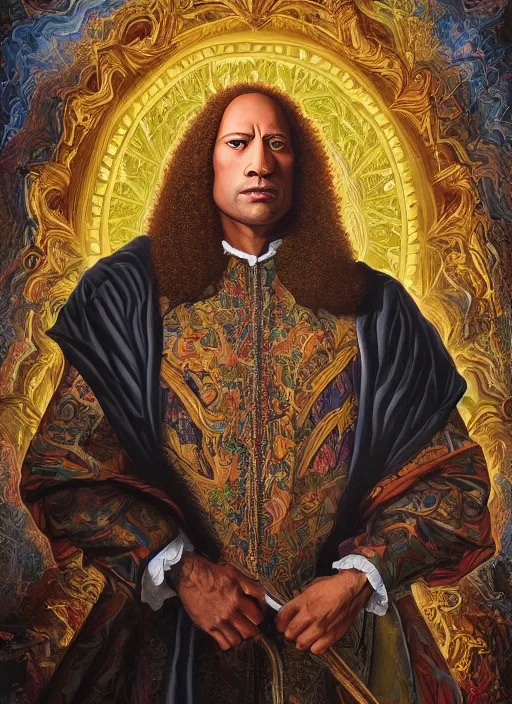 Image similar to beautiful oil painting, portrait of Dwayne the rock Johnson as Louis xiv in coronation robes 1701, Dan Mumford, Dan Mumford, Alex grey, Alex grey, lsd visuals, dmt fractal patterns, entheogen, psychedelic, hallucinogen, highly detailed, ornate, vaporwave