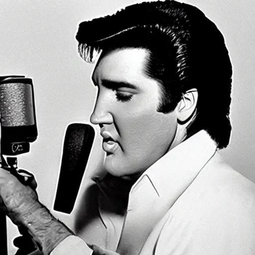 Prompt: Elvis recording his first tiktok video