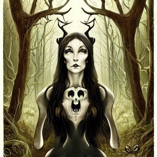 Image similar to an epic horrific wiccan gothic painting of a mother - nature witch cult woman wearing a deer skull, in a moonlit forest by gerald brom by junji ito by vanessa lemen by charlie bowater