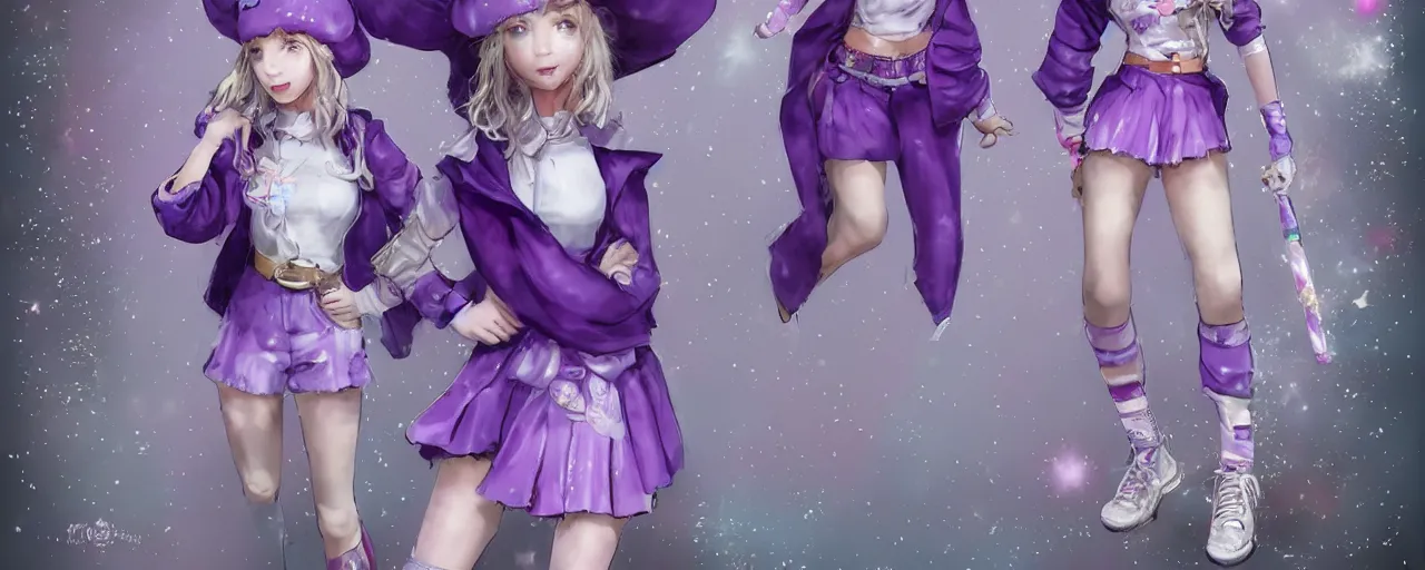 Prompt: A character sheet of a cute magical girl with short blond hair and freckles wearing an oversized purple Beret, Purple overall shorts, Short Puffy pants made of silk, pointy jester shoes, a big scarf, and white leggings. Rainbow accessories all over. Covered in stars. Short Hair. Beautiful Face. Fantasy. By Seb McKinnon. By WLOP. By Artgerm. By william-adolphe bouguereau. By Alphonse Mucha. By Frederic Leighton. Decora Fashion. harajuku street fashion. Kawaii Design. Intricate. Highly Detailed. Digital Art. Fantasy. CGSociety. Sunlit. 4K. UHD. HyperMaximalist. Denoise. Hyper realistic.