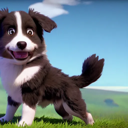 Prompt: a wholesome animation key shot of a gray black copper australian shepherd puppy, studio ghibli, pixar and disney animation, sharp, rendered in unreal engine 5, anime key art by greg rutkowski, bloom, dramatic lighting