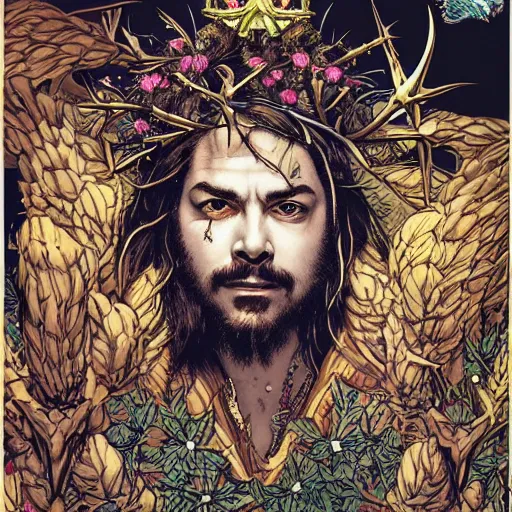 Image similar to portrait of crazy post malone as jesus with thorns crown, symmetrical, by yoichi hatakenaka, masamune shirow, josan gonzales and dan mumford, ayami kojima, takato yamamoto, barclay shaw, karol bak, yukito kishiro