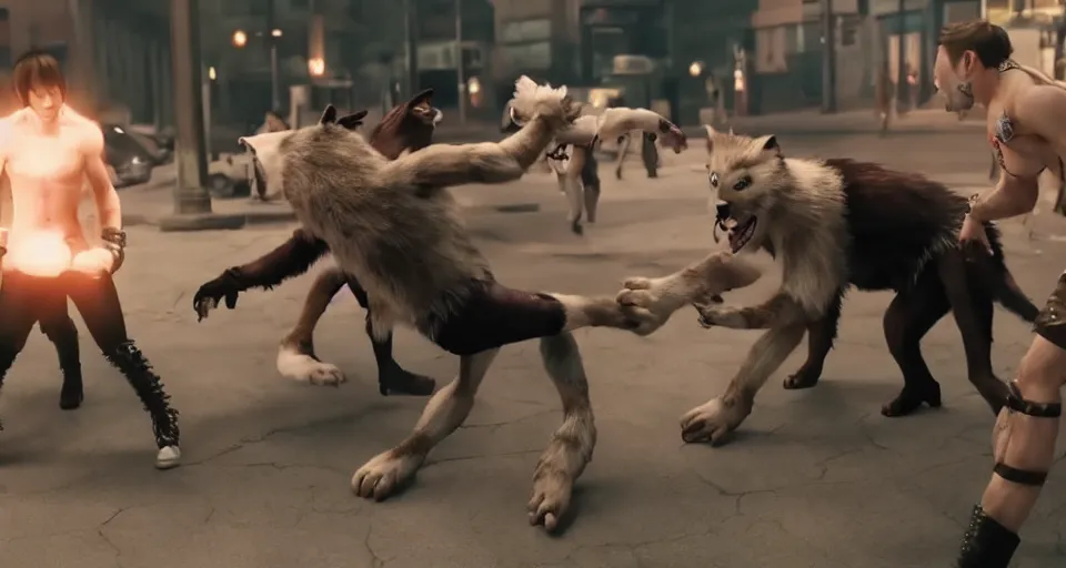 Prompt: nicolas cage beating up furry cosplayers, 4 k, octane render, choreographed fight scene, composition, shot by director park chan - wook