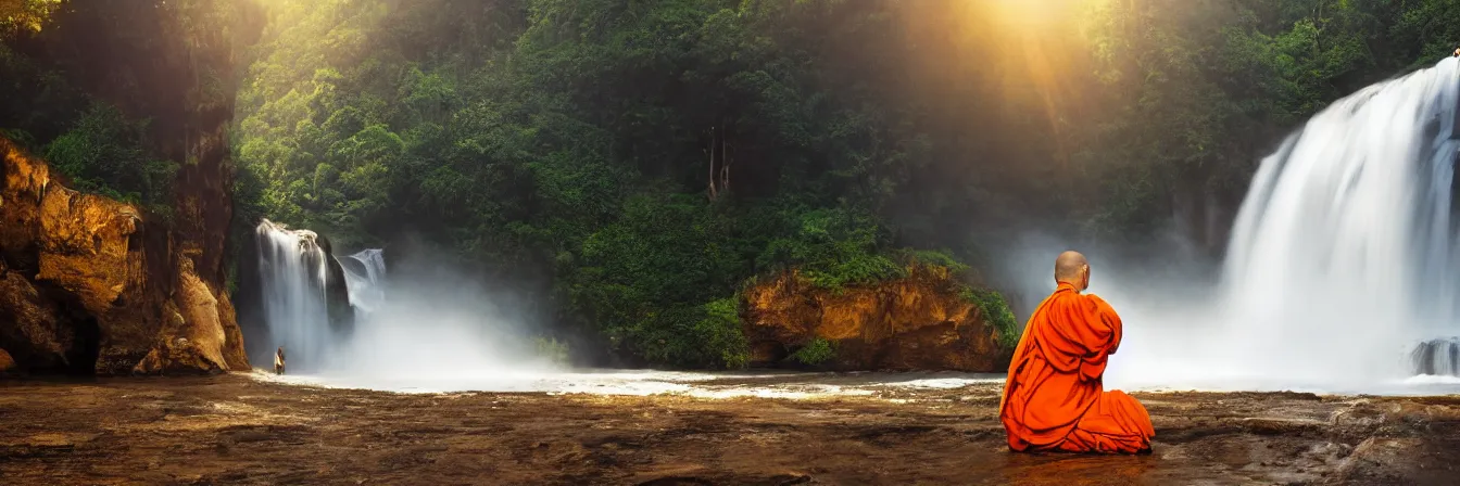 Prompt: dang ngo, annie leibovitz, steve mccurry, a simply breathtaking shot of mediating monk in orange, giantic waterfall, sunshine, golden ratio, wide shot, symmetrical