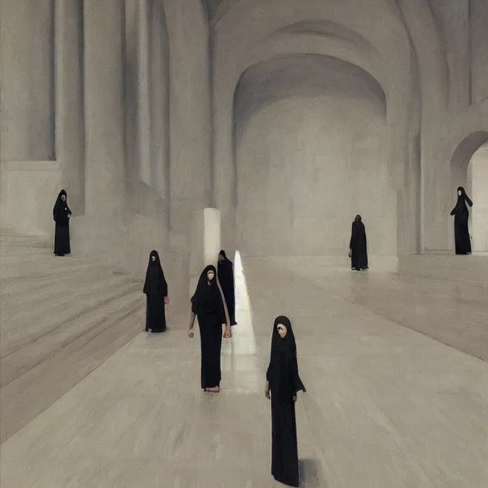 Image similar to woman in black robes, short skirt, in magnificent shopping mall, artstation, art by edward hopper, zdislav beksinski, wayne barlowe, edward hopper