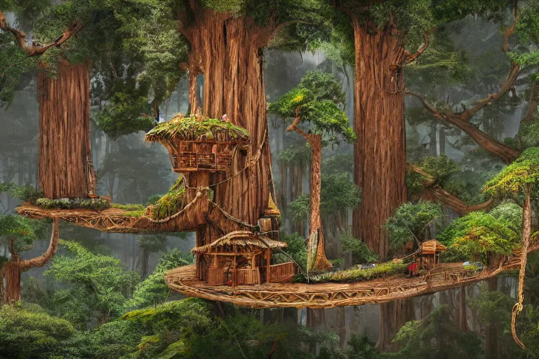 Image similar to various treehouses mounted on giant redwood tree trunks, interconnected by rope bridges, fantasy setting, dense vegetation, very detailed, d & d concept art, 4 k