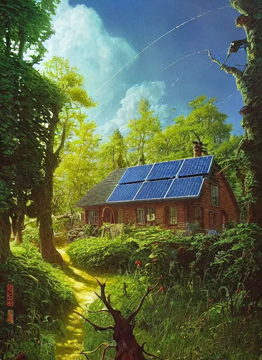 Image similar to hyper realistic witch cottage with solar panels with happy lighting and technology in the woods gorgeous lighting, sunbeams blue sky, lush forest foliage painting by zdzisław beksinski and norman rockwell and greg rutkowski weta studio, and lucasfilm