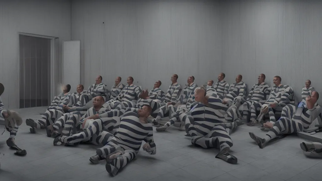 Prompt: prison inmates in striped suits sitting around a television bolted to the wall, rendered in octane, rendered in Corona, rendered in vray, rendered in Arnold, insanely detailed, photorealistic, cinematic, global illumination, no grain