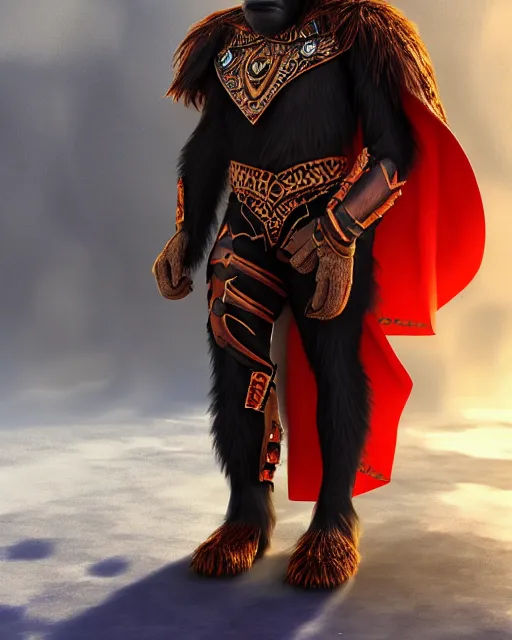 Prompt: fury art, an anthro chimpanzee wearing a large cape and a fantasy armor, ice, fiery background, 3 d, 8 k, extremely detailed, trending on furaffinity, trending on artstation, award winning, sharp focus, illustration