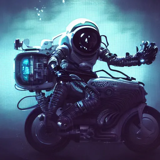 Image similar to portrait of a squid monster astronaut riding a space motorcycle, full body portrait, well lit, intricate abstract. cyberpunk, intricate artwork, by Tooth Wu, wlop, beeple. octane render, trending on artstation, greg rutkowski very coherent symmetrical artwork. cinematic, hyper realism, high detail, octane render, 8k, minimalistic, hyperrealistic surrealism, award winning masterpiece with incredible details, a surreal vaporwave liminal space, highly detailed, trending on ArtStation