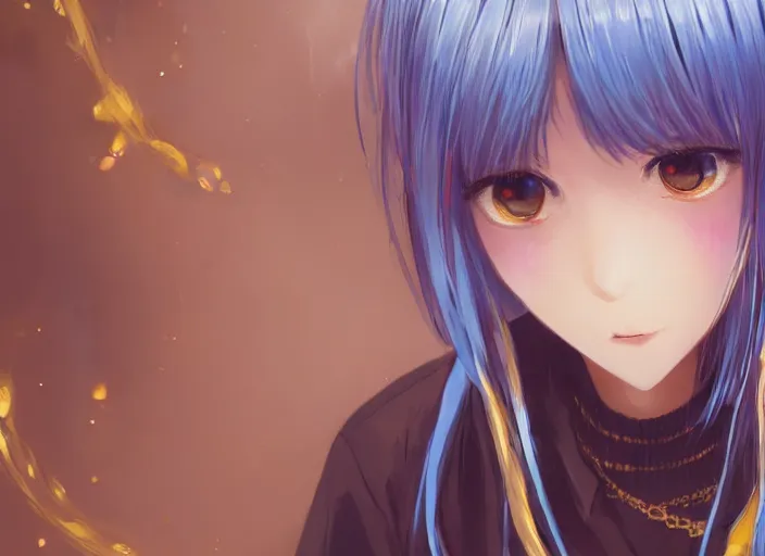 Image similar to pretty rimuru tempest in a bar, sky blue straight hair, bangs, with amber eyes, gold eyes, wearing a black jacket, high collar, ultra detailed, concept art, award winning photography, digital painting, cinematic, by wlop, anime key visual, closeup, pixiv, happy, yoshitaka amano, ilya kuvshinov,