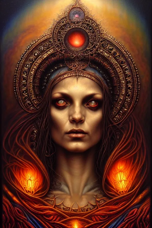 Image similar to A beautiful detailed goddess woman super dark tarot card, by tomasz alen kopera and Justin Gerard, 3rd eye open, beautiful symmetrical features, ominous, magical realism, texture, intricate, ornate, royally decorated, melting, whirling smoke, embers, red adornements, red torn fabric, radiant colors, fantasy, trending on artstation, volumetric lighting, micro details, 3d sculpture, ray tracing, 8k, anaglyph effect