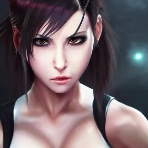 Prompt: realistic Tifa lockheart looking sultry into the camera, drawn by Ross Tran
