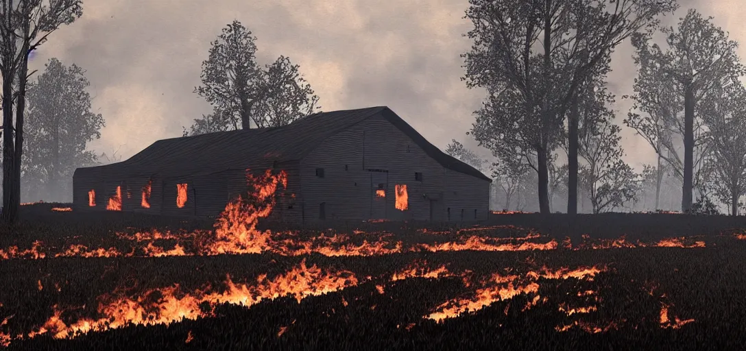 Prompt: full portrait of a desolate farm::forest behind the barn is on fire:: smoke, flames, dark, gloomy, horror, screaming:: insanely detailed, photorealistic::