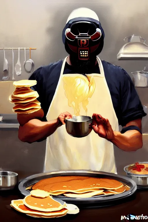 Image similar to mf doom as cooking pancakes animation pixar style, cooking show, by magali villeneuve, artgerm, jeremy lipkin and michael garmash, rob rey and kentaro miura style, trending on art station