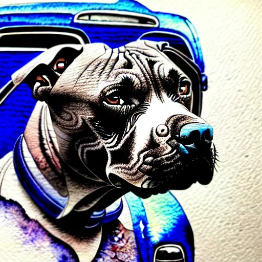 Image similar to an intricate watercolor of a beautiful velvet grey pit bull inside of a blue car, hyper detailed, intricate, sepia background, surrealism, grumpy