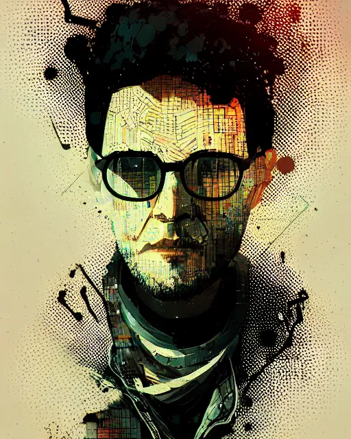 Prompt: portrait of a genius intellectual thinker, exploding binary code pattern, matrix, ismail inceoglu