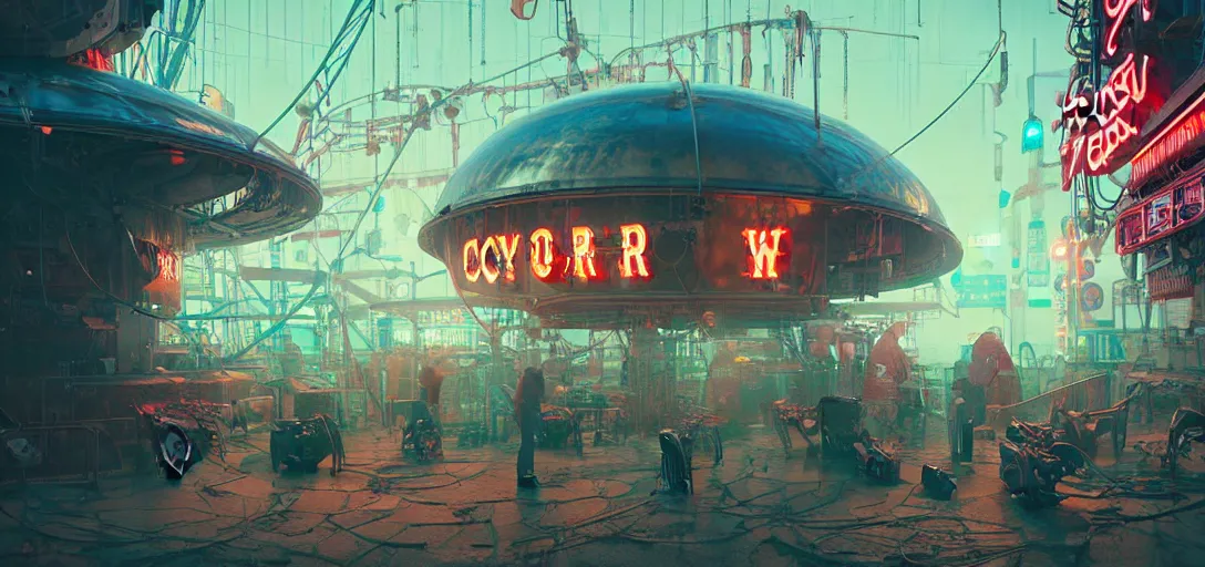 Prompt: close - up of old cyborgs exploring small town cyperpunk amusement, neon food signs, ancient big top circus tent, highly detailed, nightmare, japan, digital painting, concept art, matte, art by ruan jia and wlop and greg rutkowski and makoto shinkai, masterpiece