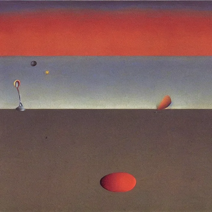 Prompt: the first color getting out of the primordial ocean to walk on land. sunset. codex seraphinianus. painting by yves tanguy, bruegel, walton ford, rene magritte, max ernst, matisse