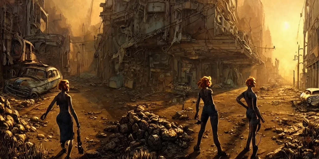 Image similar to fallout 5 concept art, female protagonist and feline companion, outdoor scene, some in the ruined city, atmospheric lighting, painted, cinematic, wide angle shot, intricate, volumetric lighting, beautiful, gritty, rich deep colours masterpiece, golden ratio, golden hour, sharp focus, ultra detailed by jack kirby, ignacio fernandez rios, thierry doizon